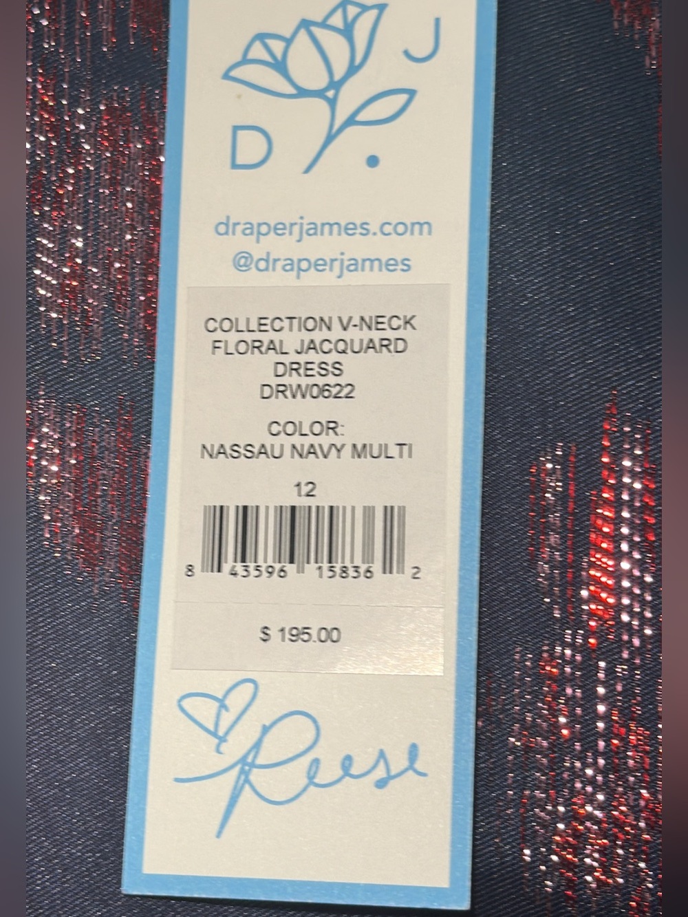 Draper James NWT JACQUARD Dress Navy with Metallic Pink Floral. Pit-pit20 (mix51 - Picture 8 of 13